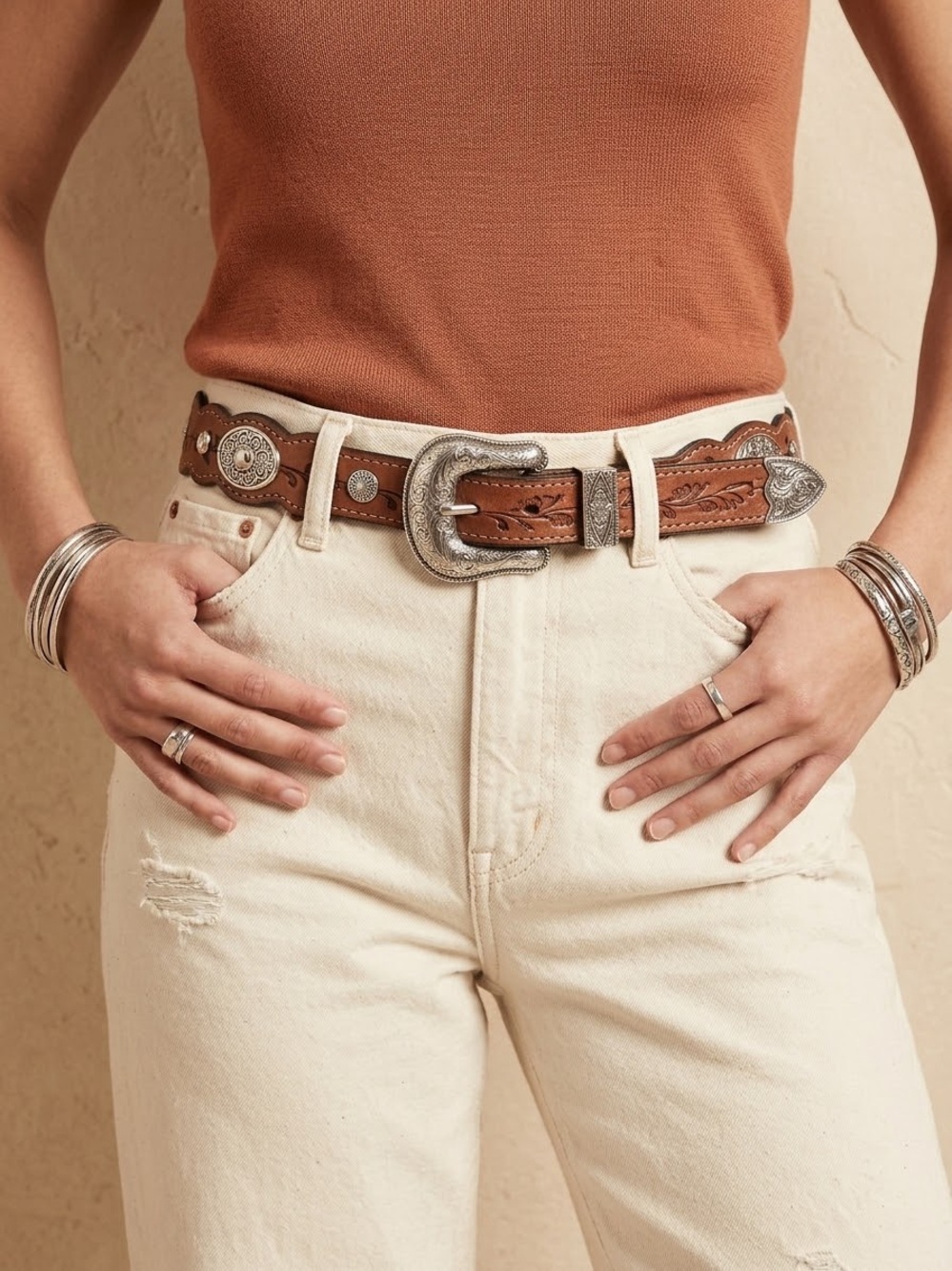 New Western Genuine Bonded Leather Brown Silver Tone XXL